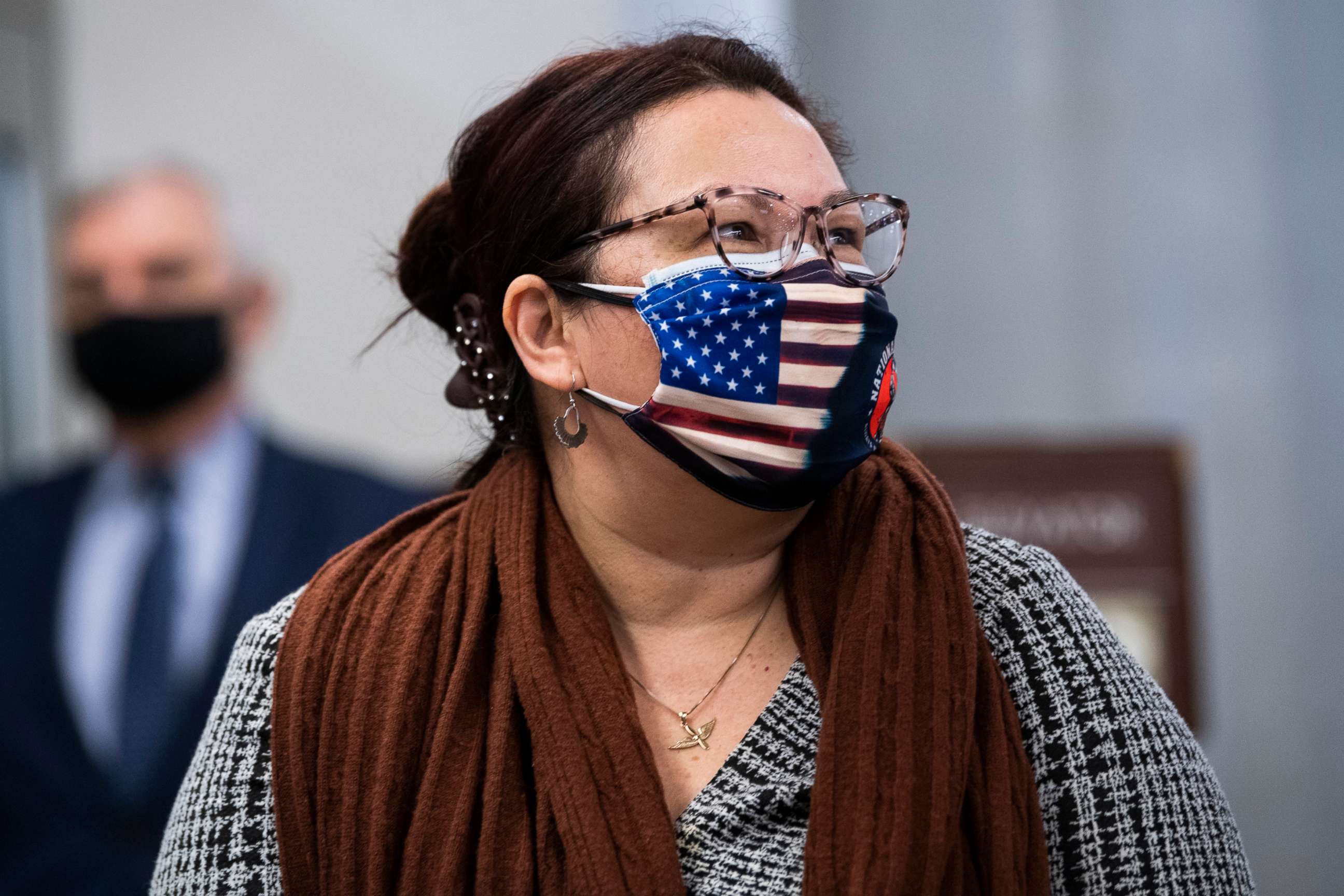 PHOTO: Sen. Tammy Duckworth is seen in the Senate subway after the first day of the impeachment trial of former President Donald Trump in the Capitol in Washington, D.C., Feb. 9, 2021.