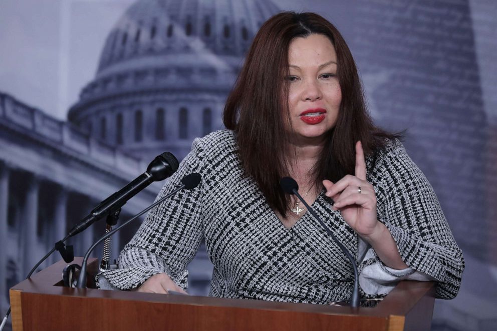 PHOTO: Sen. Tammy Duckworth talks to reporters during a news conference at the Capitol, Nov. 17, 2020. 
