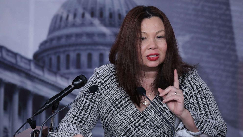 PHOTO: Sen. Tammy Duckworth talks to reporters during a news conference at the Capitol, Nov. 17, 2020. 