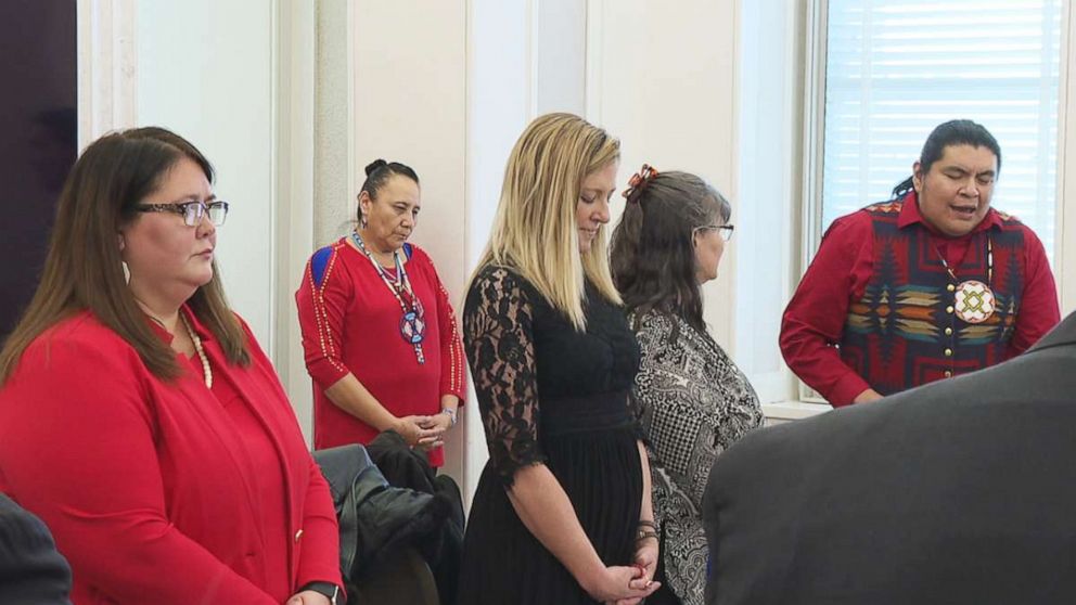 PHOTO: Assistant Secretary of Indian Affairs Tara Sweeney and Katie Sullivan, Principal Deputy Assistant Attorney General for the Office of Justice Programs, listen to a prayer at the Interior Department in Washington, D.C., Jan. 29, 2020.