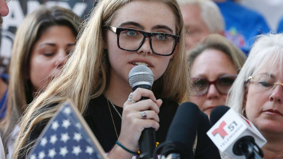 Marjory Stoneman Douglas High School student Delaney Tarr speaks at a rally for gun control at the Broward County Federal Courthouse in Fort Lauderdale, Fla., Feb. 17, 2018.

