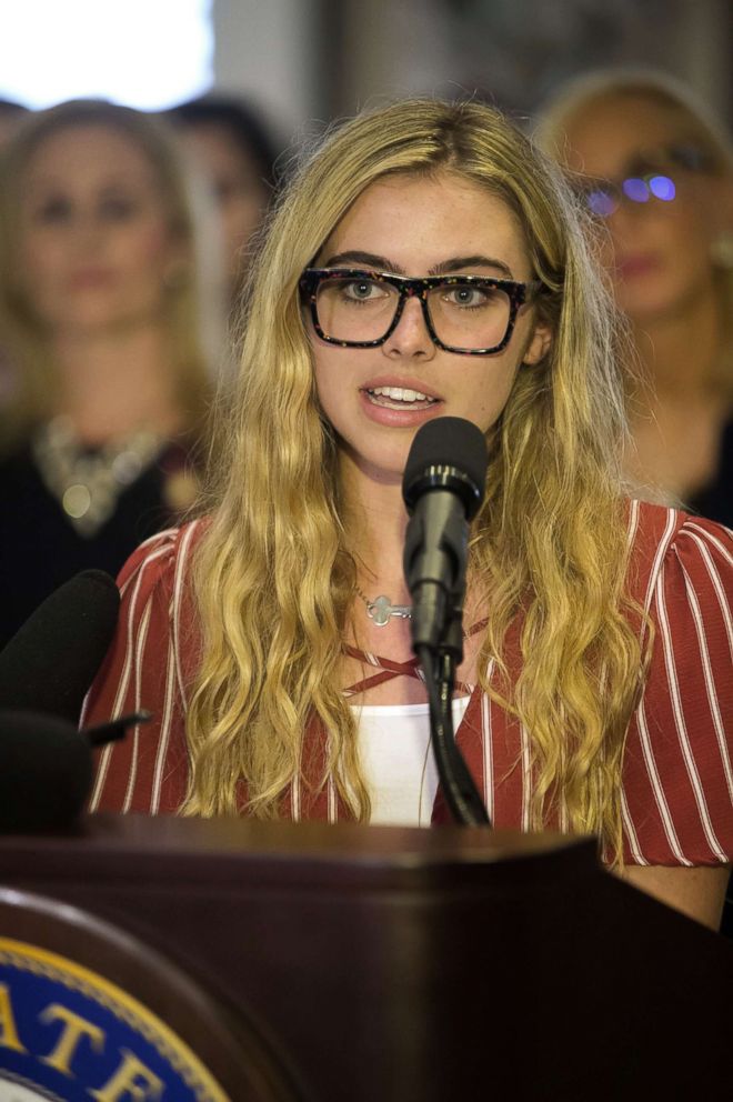 PHOTO: Marjory Stoneman Douglas High School student Delaney Tarr speaks at a press conference in the Florida state Capitol in Tallahassee, Fla., Feb. 21, 2018.