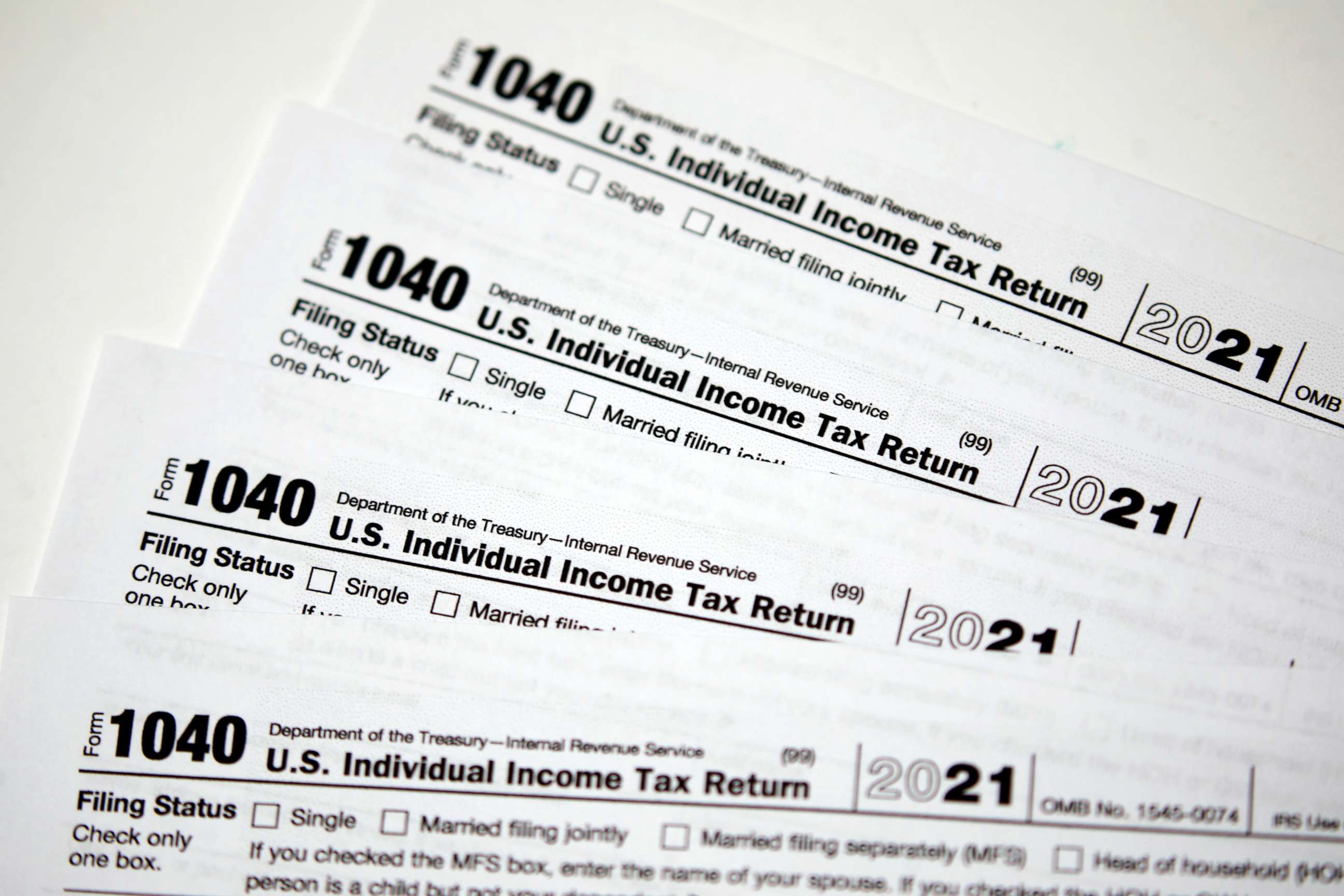 PHOTO: Internal Revenue Service 1040 Individual income tax forms for 2021 arranged in Louisville, Kentucky, April 12, 2022.