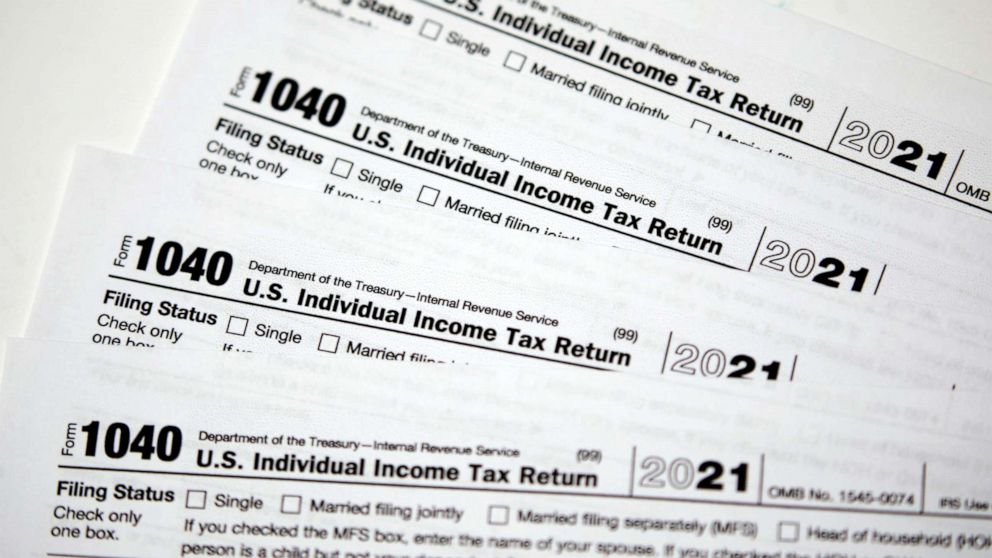 PHOTO: Internal Revenue Service 1040 Individual income tax forms for 2021 arranged in Louisville, Kentucky, April 12, 2022.