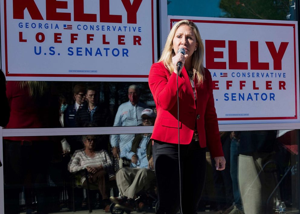 PHOTO: Representative-elect Marjorie Taylor Greene speaks during a campaign rally to support Senator Kelly Loeffler ahead of the Jan. 5th runoff election, Nov. 28, 2020 in Ringgold, Ga.