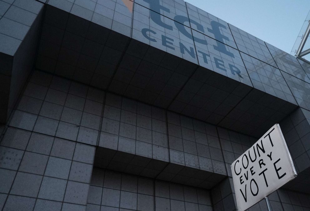 PHOTO: Protesters, both Republican and Democrat, gather outside of the TCF Center in Detroit as votes continue to be counted inside on Nov. 4, 2020.