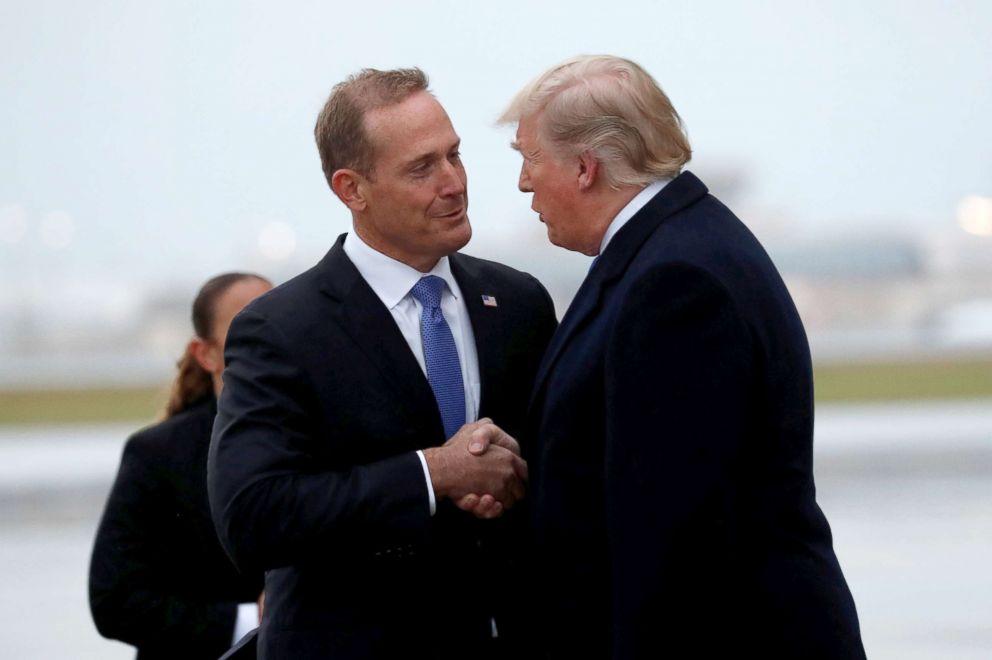 PHOTO: President Donald Trump greets Ted Budd, Republican candidate from North Carolina's 13th district in Charlotte, North Carolina, Oct. 26, 2018.