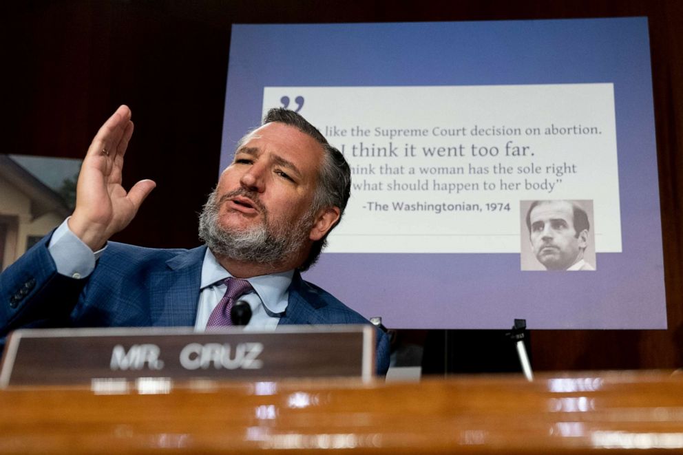PHOTO: Sen. Ted Cruz speaks during a Senate Judiciary Committee Hearing to examine a post-Roe America, focusing on the legal consequences of the Dobbs decision, on Capitol Hill in Washington, D.C., July 12, 2022.