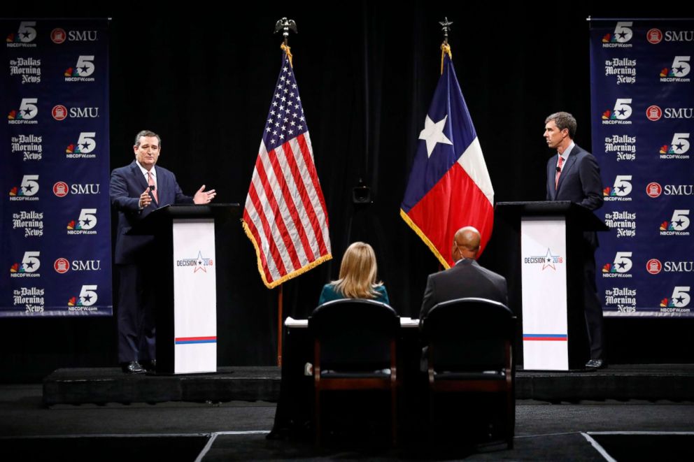 PHOTO: Sen. Ted Cruz, left, and Rep. Beto O'Rourke, right, take part in their first debate for the Texas Senate seat in Dallas, Sept. 21, 2018.