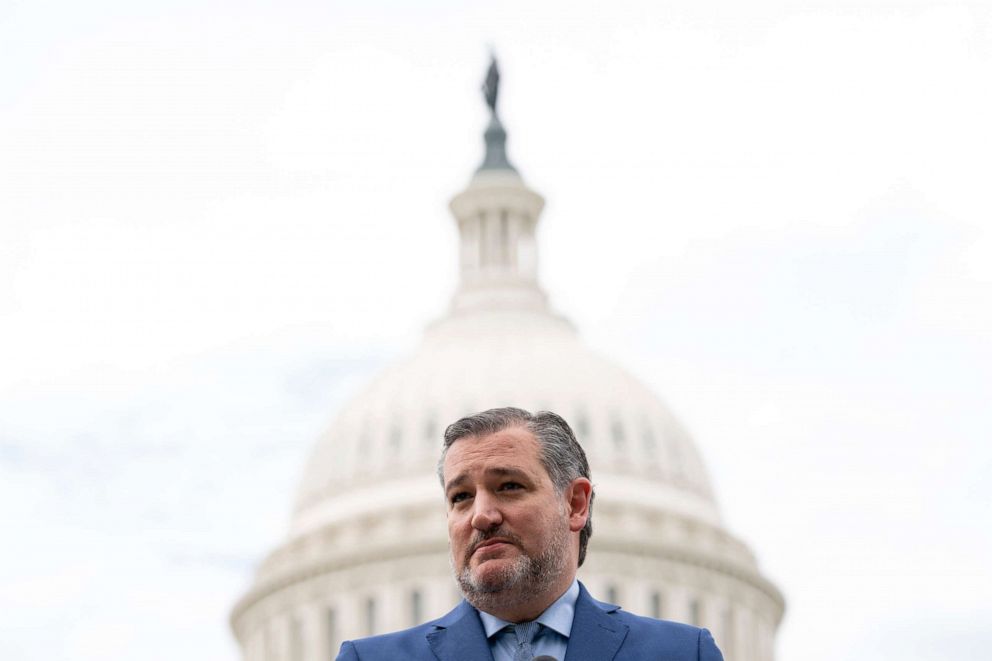 PHOTO: Sen. Ted Cruz speaks during a news conference outside the U.S. Capitol, April 29, 2021, in Washington, DC.