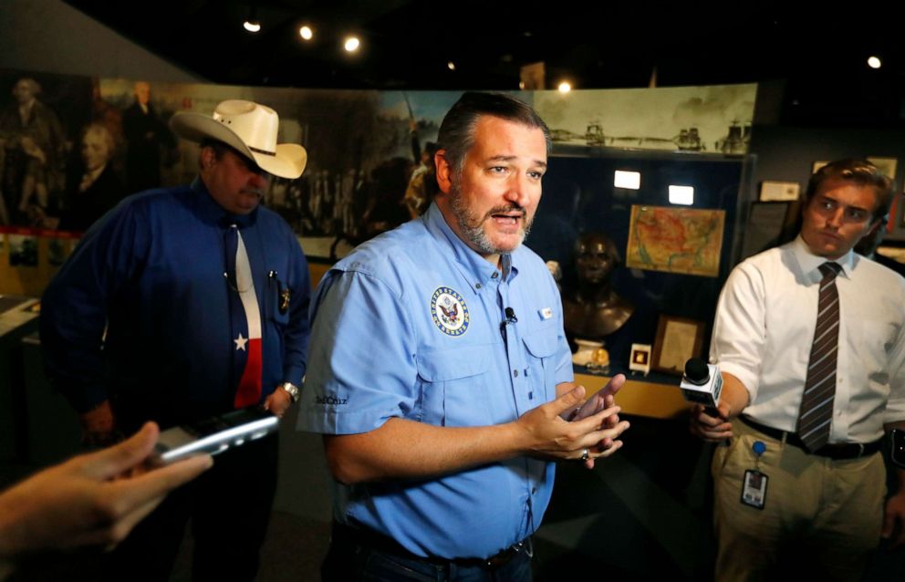 PHOTO: Sen. Ted Cruz talks to the media after meeting with local leaders and law enforcement Wednesday, Sept. 4, 2019, at the John Ben Shepperd Public Leadership Institute in Odessa, Texas.