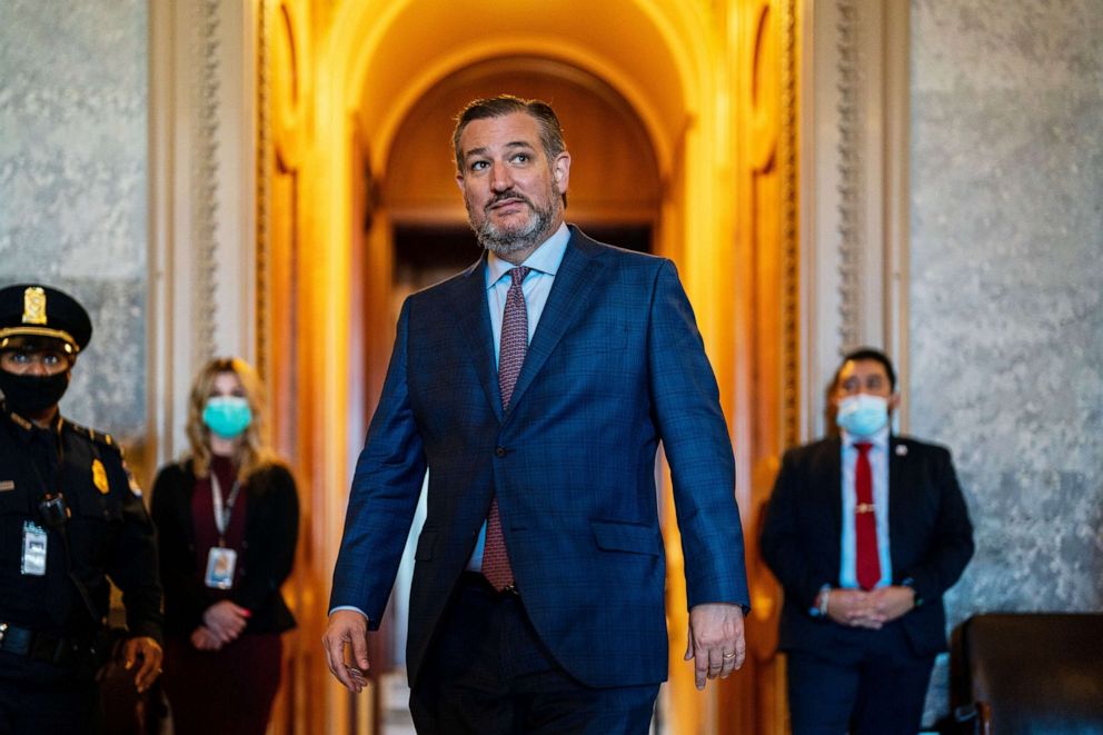 PHOTO: Sen. Ted Cruz departs from the Senate Chamber following a vote on Wednesday, Nov. 3, 2021, in Washington.