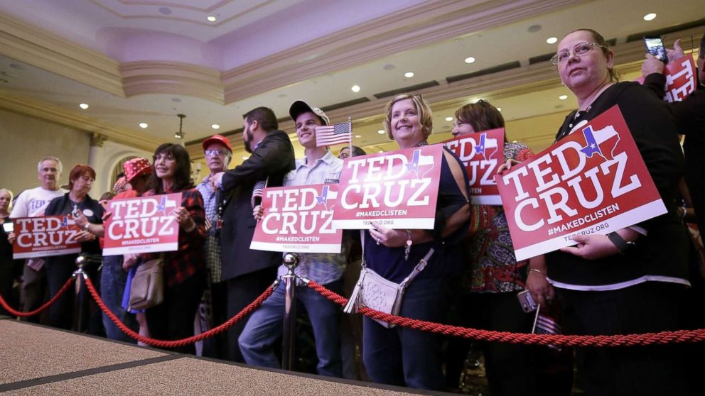 PHOTO: Ted Cruz supporters take position in front of the podium as they enter the election night headquarters in the 2018 midterm general election at the Hilton Post Oak in Houston, Texas, Nov. 6, 2018.
