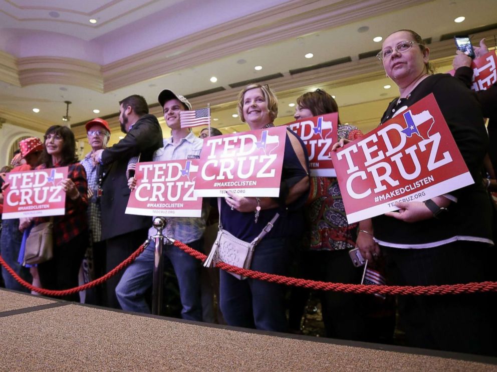 PHOTO: Ted Cruz supporters take position in front of the podium as they enter the election night headquarters in the 2018 midterm general election at the Hilton Post Oak in Houston, Texas, Nov. 6, 2018.