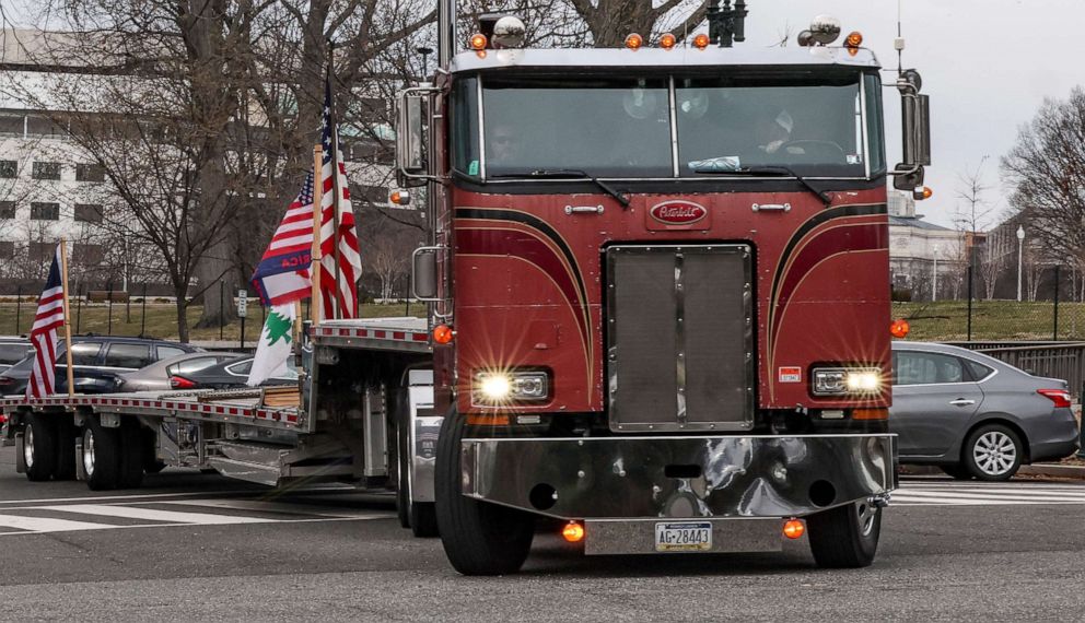 PHOTO: Senator Ted Cruz rides to the United States Capitol with one truck from "The People's Convoy," in Washington, March 10, 2022.