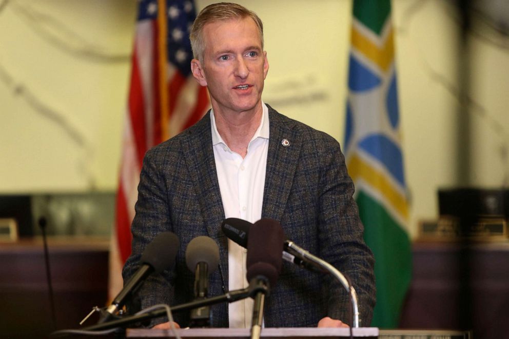 PHOTO: Portland Mayor Ted Wheeler calls for an end to violence in the city during a news conference Aug. 30, 2020.
