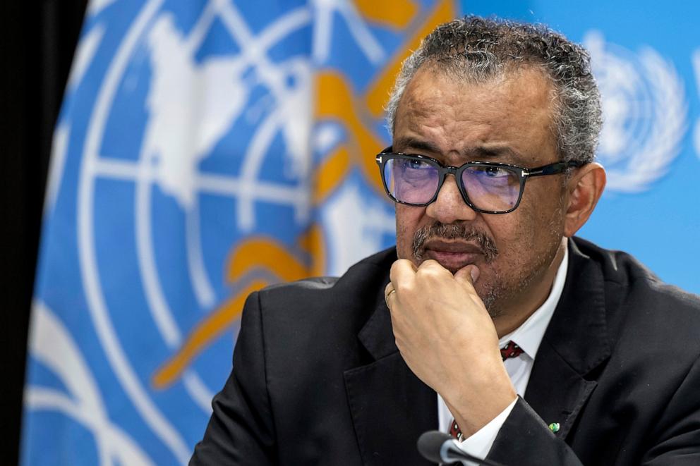 PHOTO: In this April 6, 2023, file photo, Tedros Adhanom Ghebreyesus, Director General of the World Health Organization (WHO), speaks to journalists during a press conference at the World Health Organization (WHO) headquarters in Geneva, Switzerland.