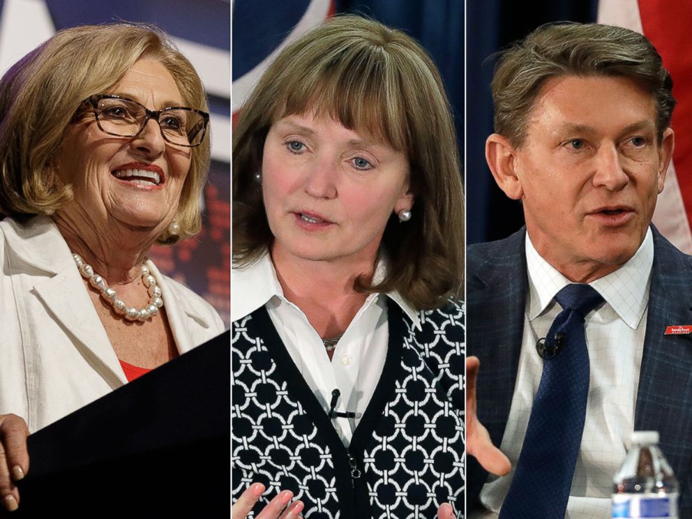 PHOTO: Rep. Diane Black speaks at anevent, July 21, 2018, in Cleveland, Tenn. House Speaker Beth Harwell participates in a gubernatorial candidate forum in Nashville, Tenn., Jan. 19, 2018. Randy Boyd participates in a gubernatorial candidate forum.