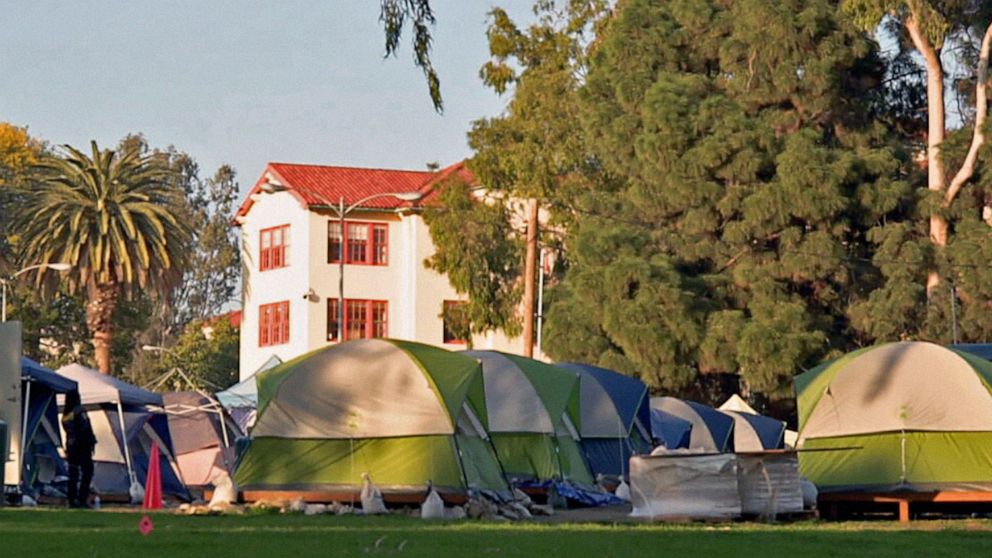 PHOTO: An encampment of veterans on the West Los Angeles Veterans Affairs campus exists in the shadow of historic buildings first constructed to house and help them after World War II.