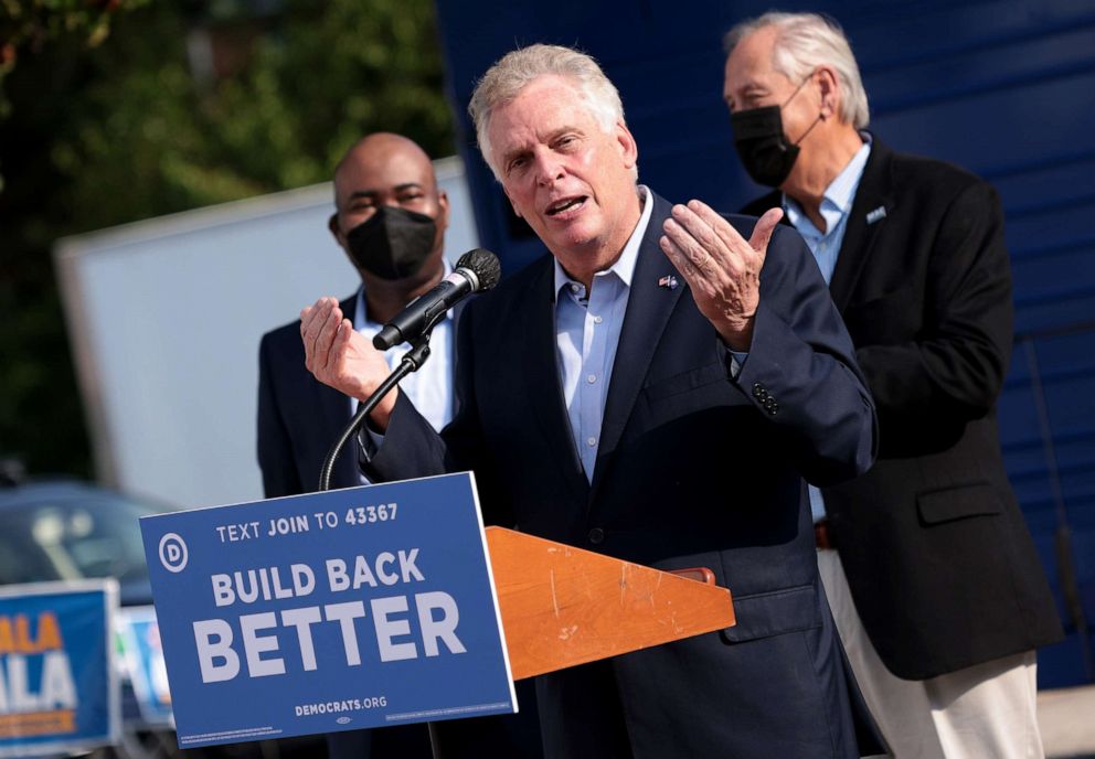 Former Virginia Gov. Terry McAuliffe campaigns for a second term during an event at the Port City Brewing Company in Alexandria, Virginia, on Aug. 12, 2021.