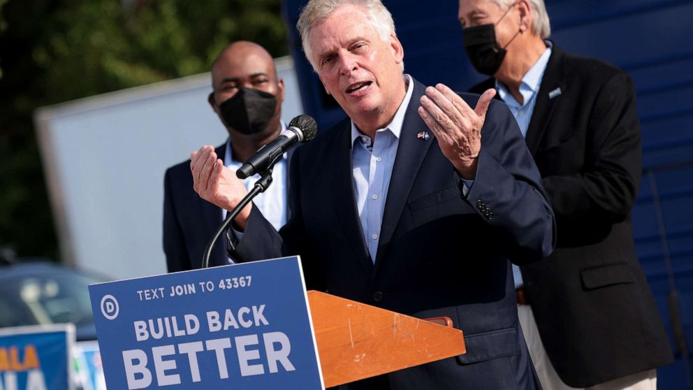 PHOTO: Former Virginia Gov. Terry McAuliffe campaigns for a second term during an event at the Port City Brewing Company in Alexandria, Virginia, on Aug. 12, 2021.