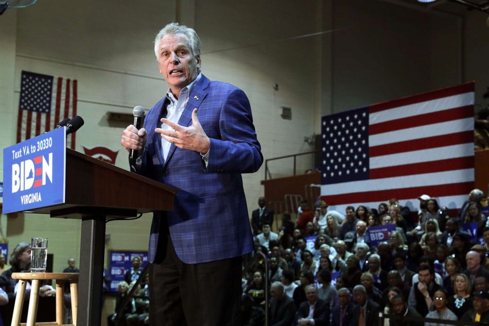 PHOTO: Former Virginia Governor Terry McAuliffe speaks during a campaign event of Democratic presidential candidate former Vice President Joe Biden at Booker T. Washington High School, March 1, 2020, in Norfolk, Virginia.