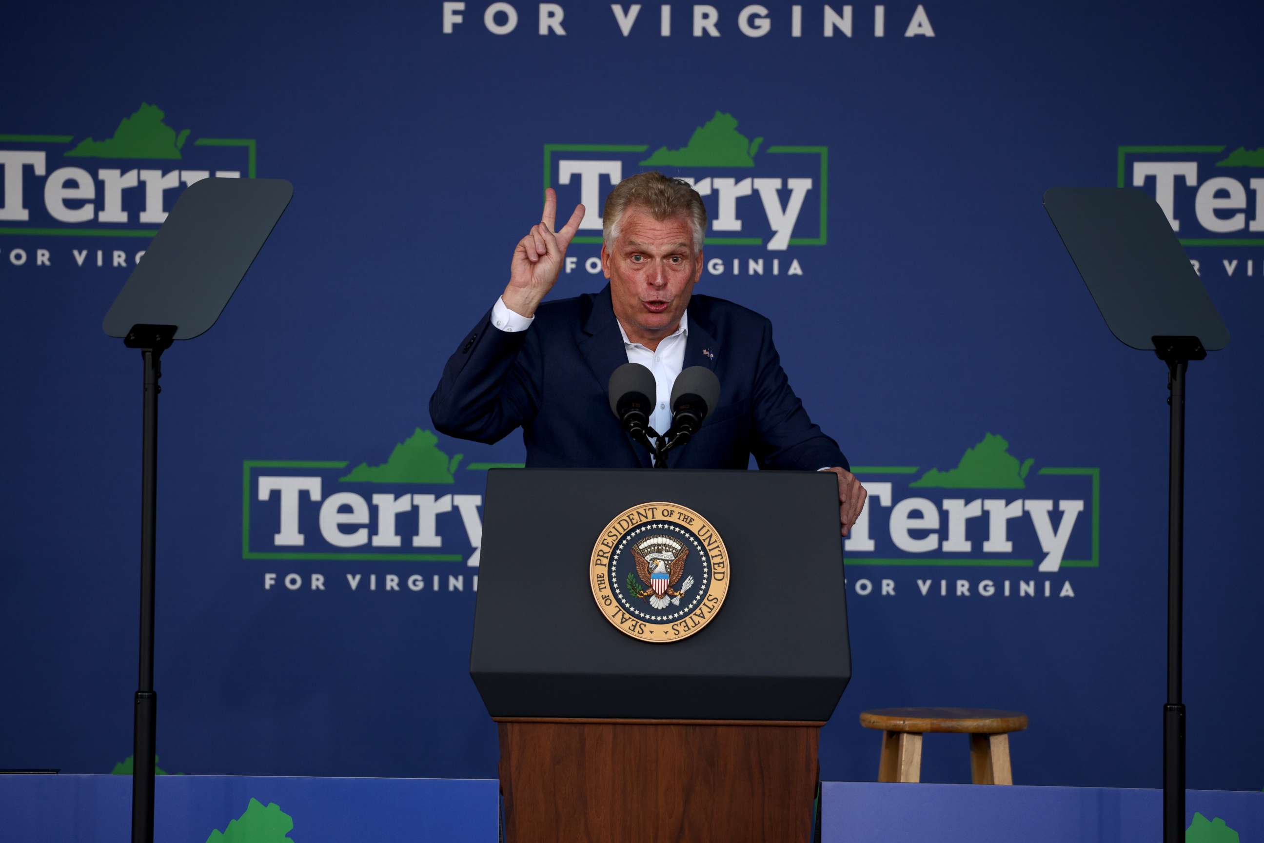 PHOTO: Virginia gubernatorial candidate Terry McAuliffe speaks at a campaign event at the Lubber Run Community Center on July 22, 2021, in Arlington, Va.