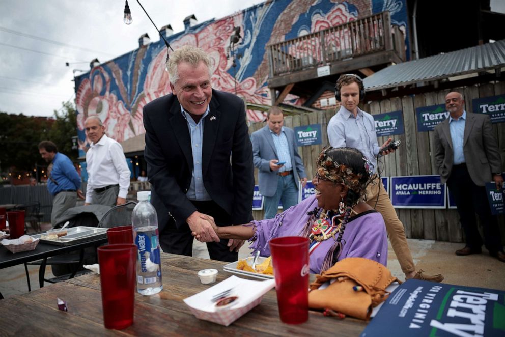 PHOTO: Democratic gubernatorial candidate, former Virginia Gov. Terry McAuliffe, meets with members of a united coalition Virginia Native American tribes at Oak & Apple BBQ on Oct. 25, 2021, in Richmond, Va.