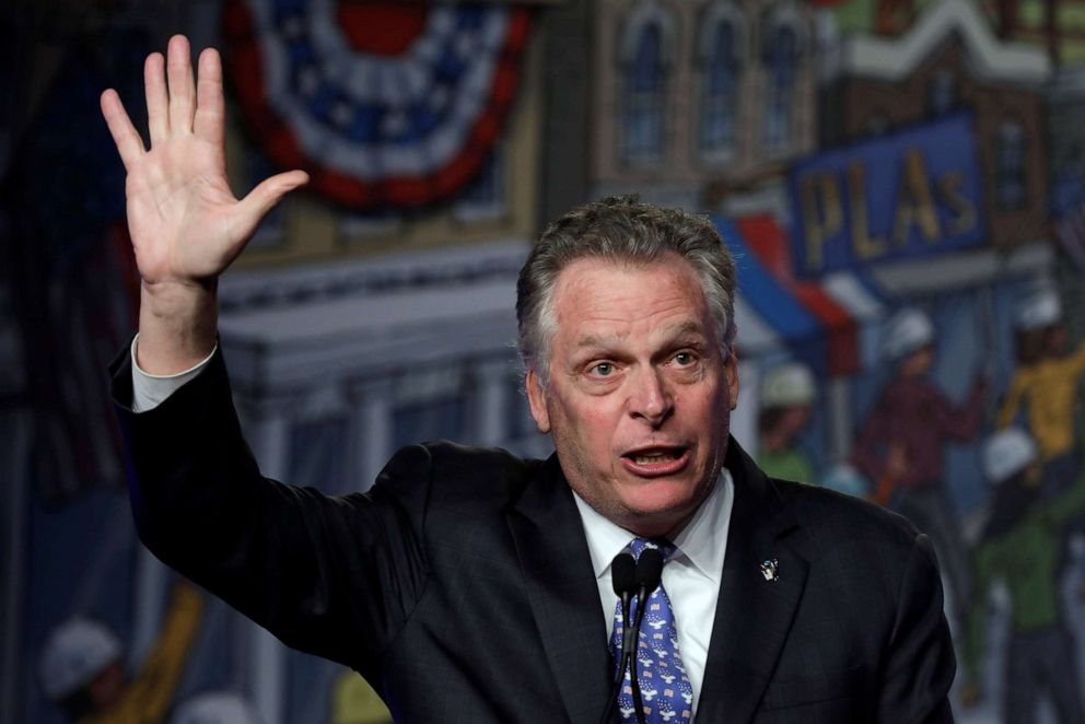 PHOTO: Former Virginia governor Terry McAuliffe speaks at the North America's Building Trades Unions (NABTU) 2019 legislative conference in Washington, April 10, 2019.