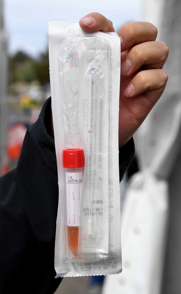 PHOTO: A test kit for COVID-19 is displayed at a drive-up testing station in Las Vegas, April 6, 2020.