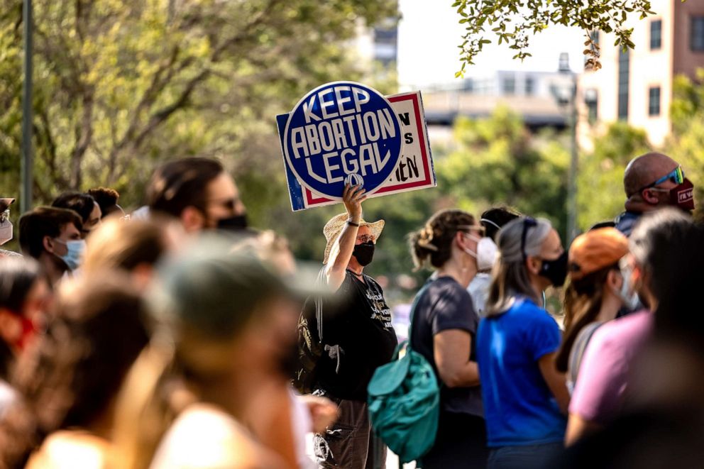 PHOTO: Abortion rights activists rally at the Texas State Capitol, Sept. 11, 2021 in Austin, Texas. 