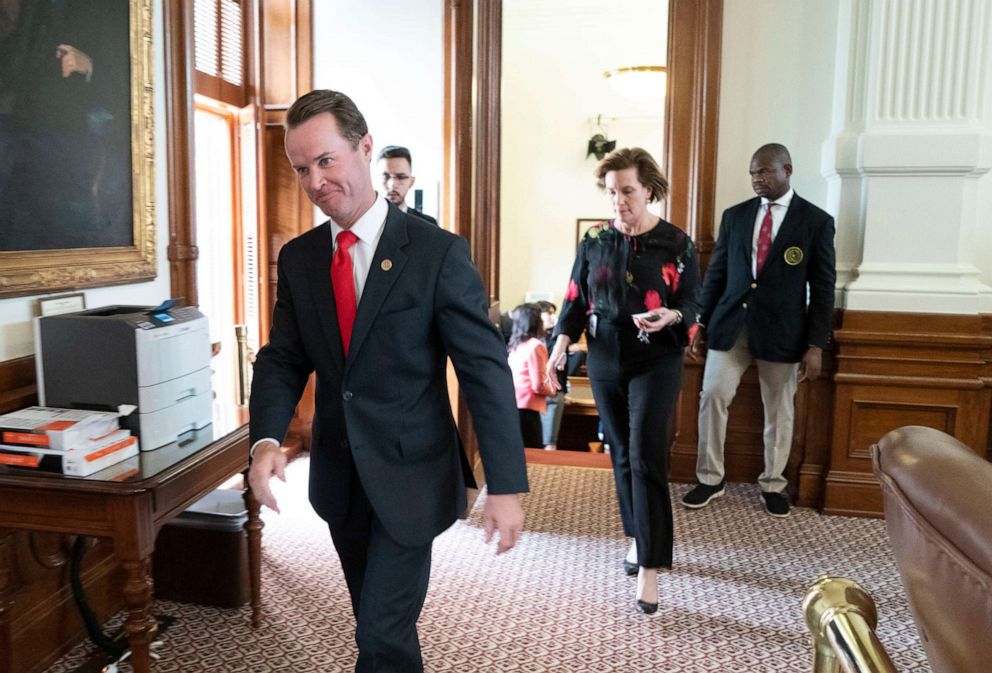 PHOTO: House Speaker Dade Phelan, leaves a Democratic caucus on SB 7 that lasted over an hour during a pause in the House session, May 30, 2021, Austin, Texas.