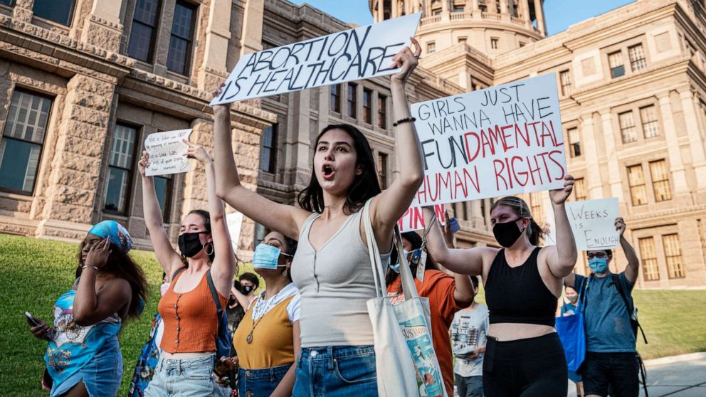 PHOTO: Abortion rights supporters march outside the Texas State Capitol on Sept. 1, 2021, in Austin, Texas.