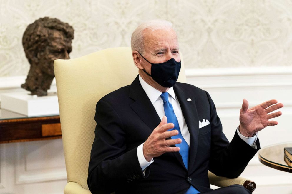 PHOTO: President Joe Biden speaks during a bipartisan meeting on cancer legislation in the Oval Office at the White House, March 3, 2021.
