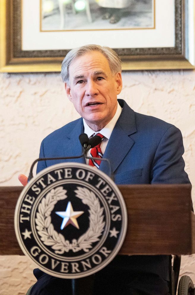 PHOTO: In this March 2, 2021, file photo taken in Lubbock, Texas, Governor Greg Abbott announces that he is rescinding executive orders that limit capacities for businesses and the state wide mask mandate.
