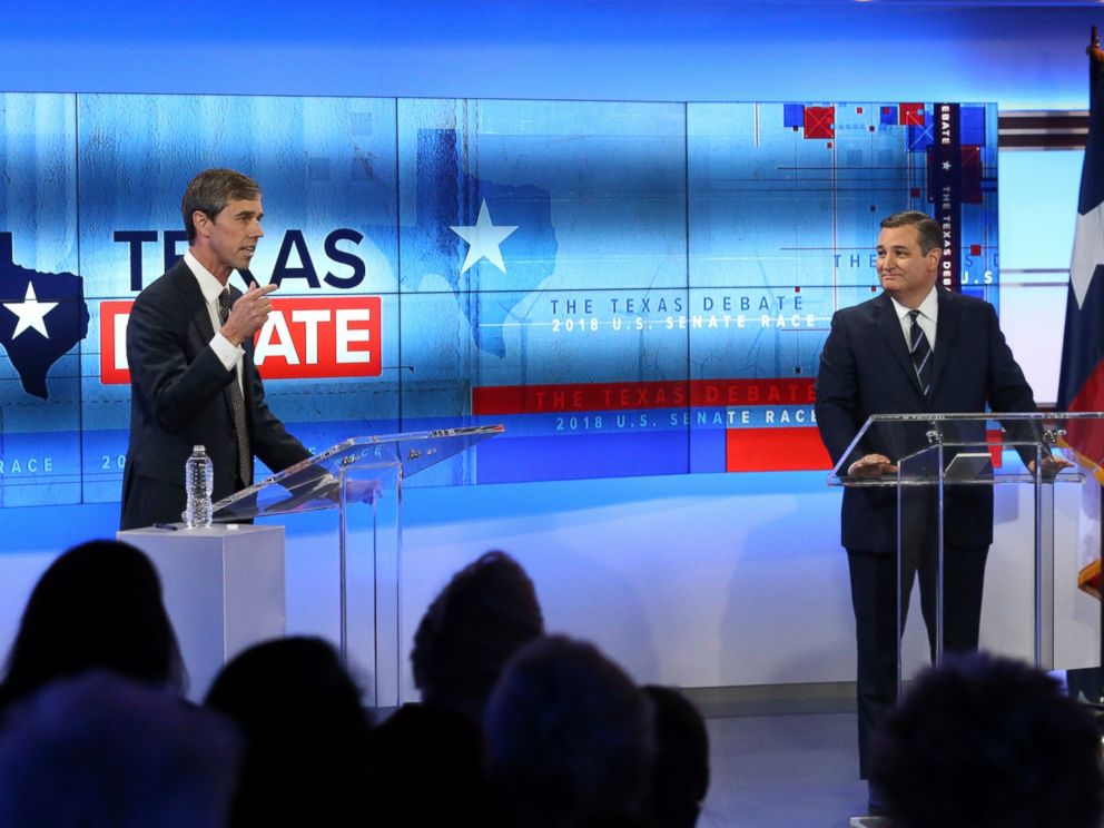 PHOTO: U.S. Rep. Beto ORourke, D-Texas, left, and U.S. Sen. Ted Cruz, R-Texas, right, take part in a debate for the Texas U.S. Senate, Tuesday, Oct. 16, 2018, in San Antonio.