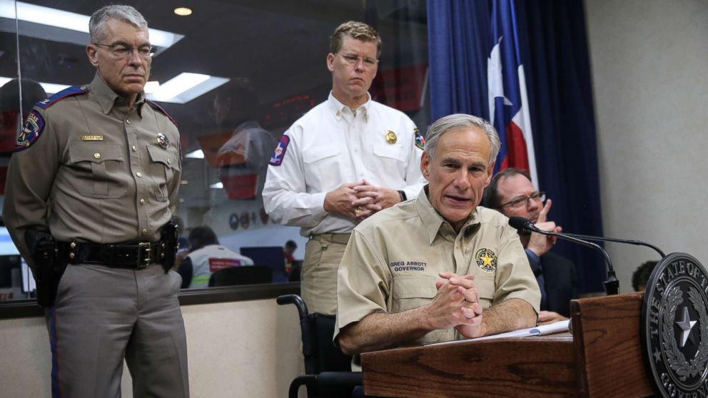 PHOTO: Texas Governor Greg Abbott gives a briefing at the State of Texas Emergency Command Center at Department of Public Safety headquarters in Austin, Texas as they monitor Hurricane Harvey Saturday morning, Aug. 26, 2017. 