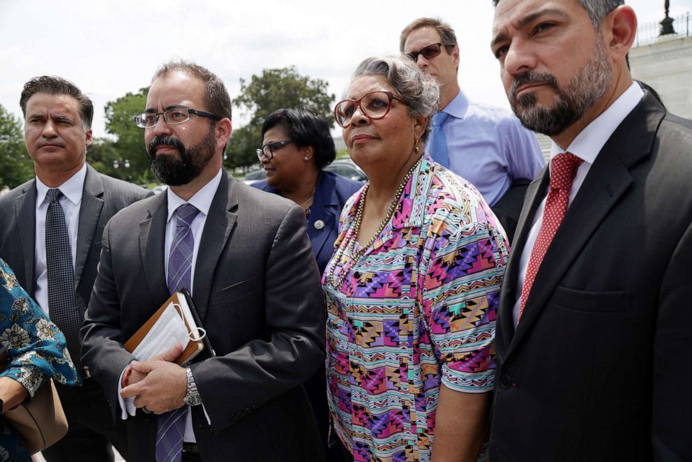 PHOTO: Texas State Reps. Joe Moody (D-78) (2nd L), Toni Rose (D-110) (3rd L) and Senfronia Thompson (D-141) (4th L), and Texas State Sen. Cesar Blanco (D-29) (R) speak to reporters after a meeting with Sen. Joe Manchin at the Capitol, July 15, 2021.