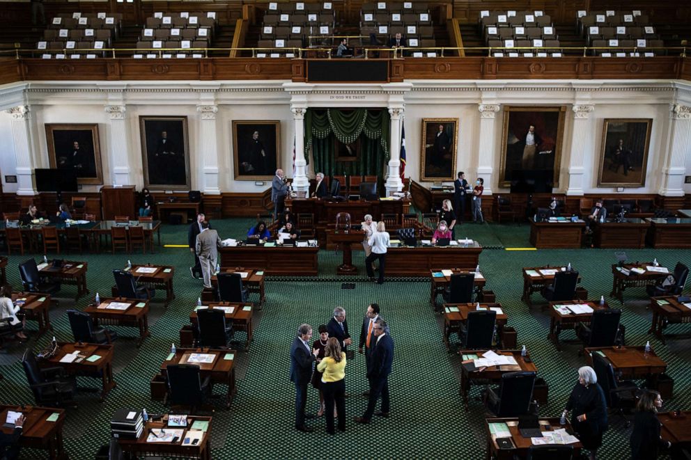 PHOTO: Texas state senators are gathered in the Senate chamber on the first day of the 87th Legislature's third special session at the State Capitol, Sept. 20, 2021, in Austin, Texas.