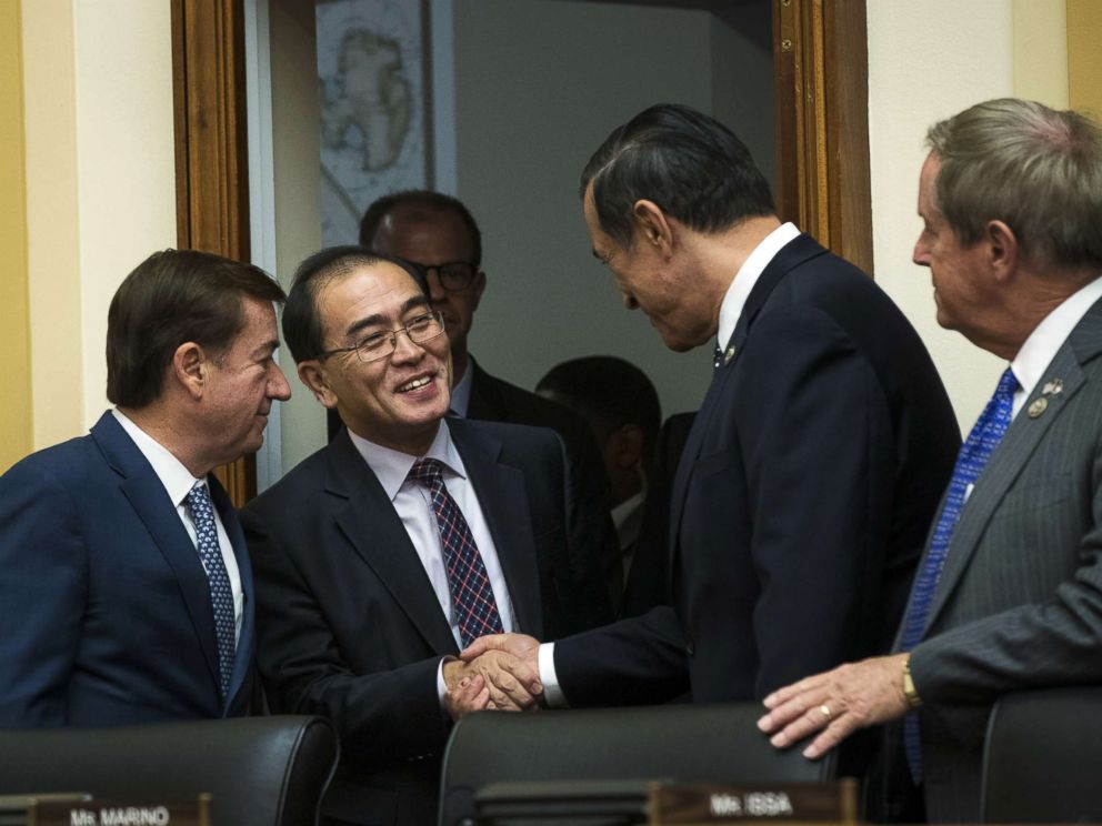 PHOTO: Thae Yong-ho, former chief of mission at the North Korean embassy in the United Kingdom, is greeted by members of congress at the start of a House Foreign Affairs Committee hearing on Capitol Hill, Nov. 1, 2017 in Washington.