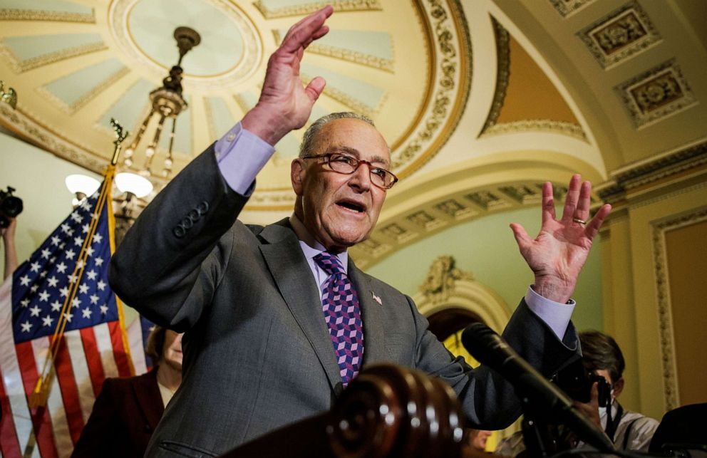 PHOTO: Senate Majority Leader Chuck Schumer speaks during a press conference following the Democrats Policy Luncheon on Capitol Hill in Washington, May 10, 2022.