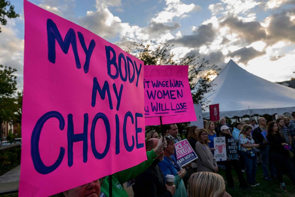 PHOTO: Activists protest during a "Bans Off Our Bodies" rally in support of abortion rights at Old Bucks County Courthouse in Doylestown, Pa., Sept. 29, 2022.