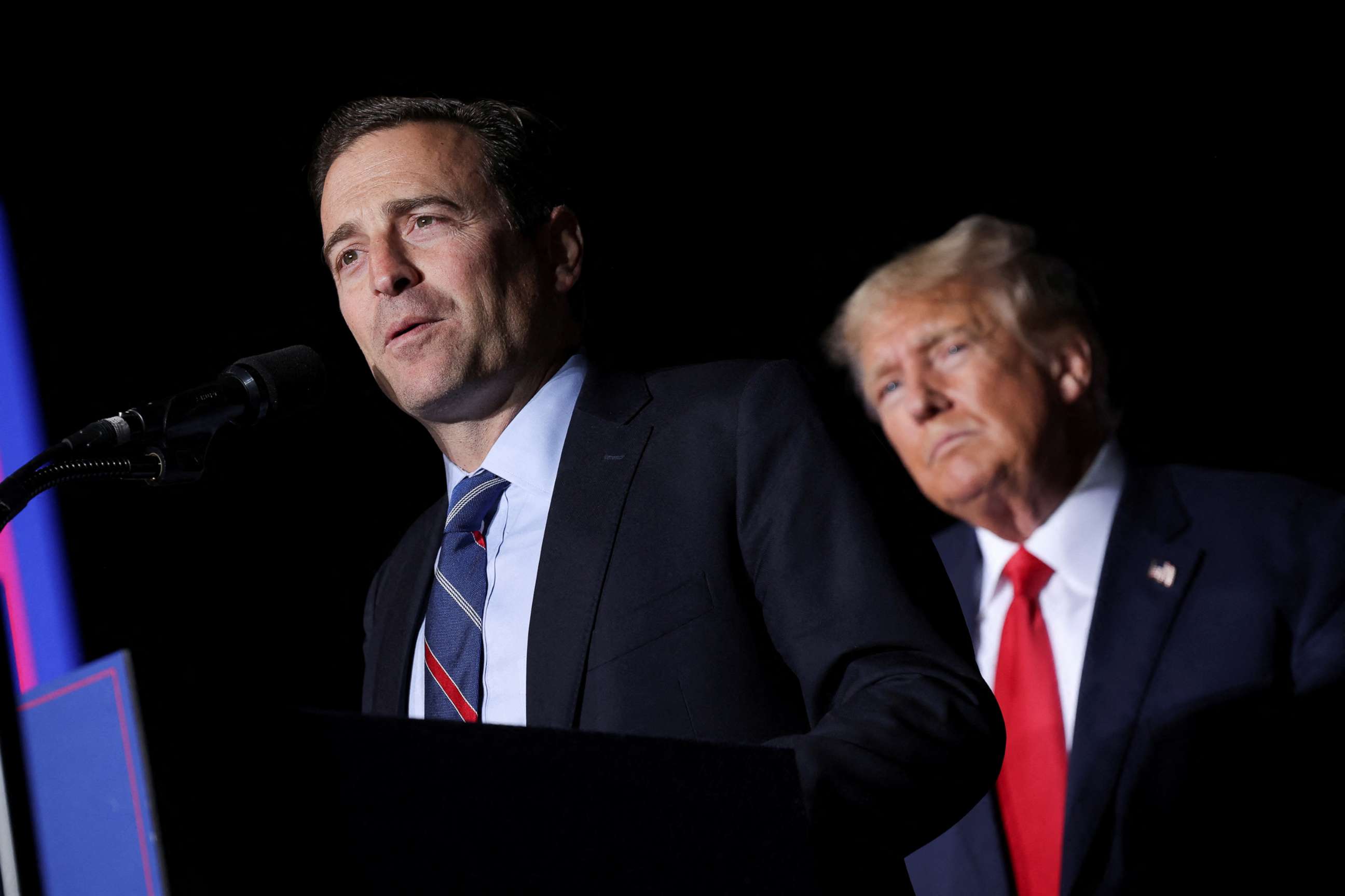 PHOTO: Nevada Republican nominee for U.S. Senate Adam Laxalt speaks during a rally by former U.S. president Donald Trump ahead of the midterm elections, in Minden, Nev., Oct. 8, 2022. 