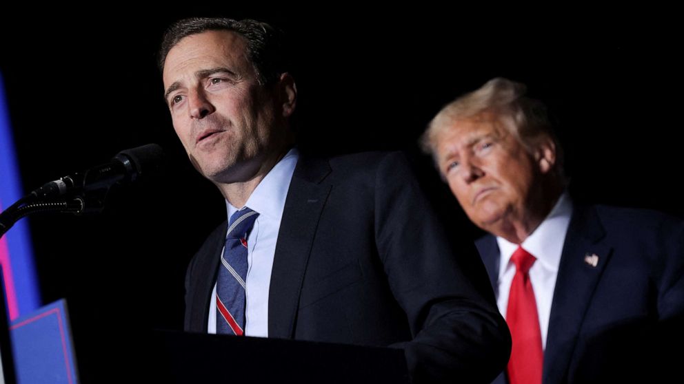 PHOTO: Nevada Republican nominee for U.S. Senate Adam Laxalt speaks during a rally by former U.S. president Donald Trump ahead of the midterm elections, in Minden, Nev., Oct. 8, 2022. 
