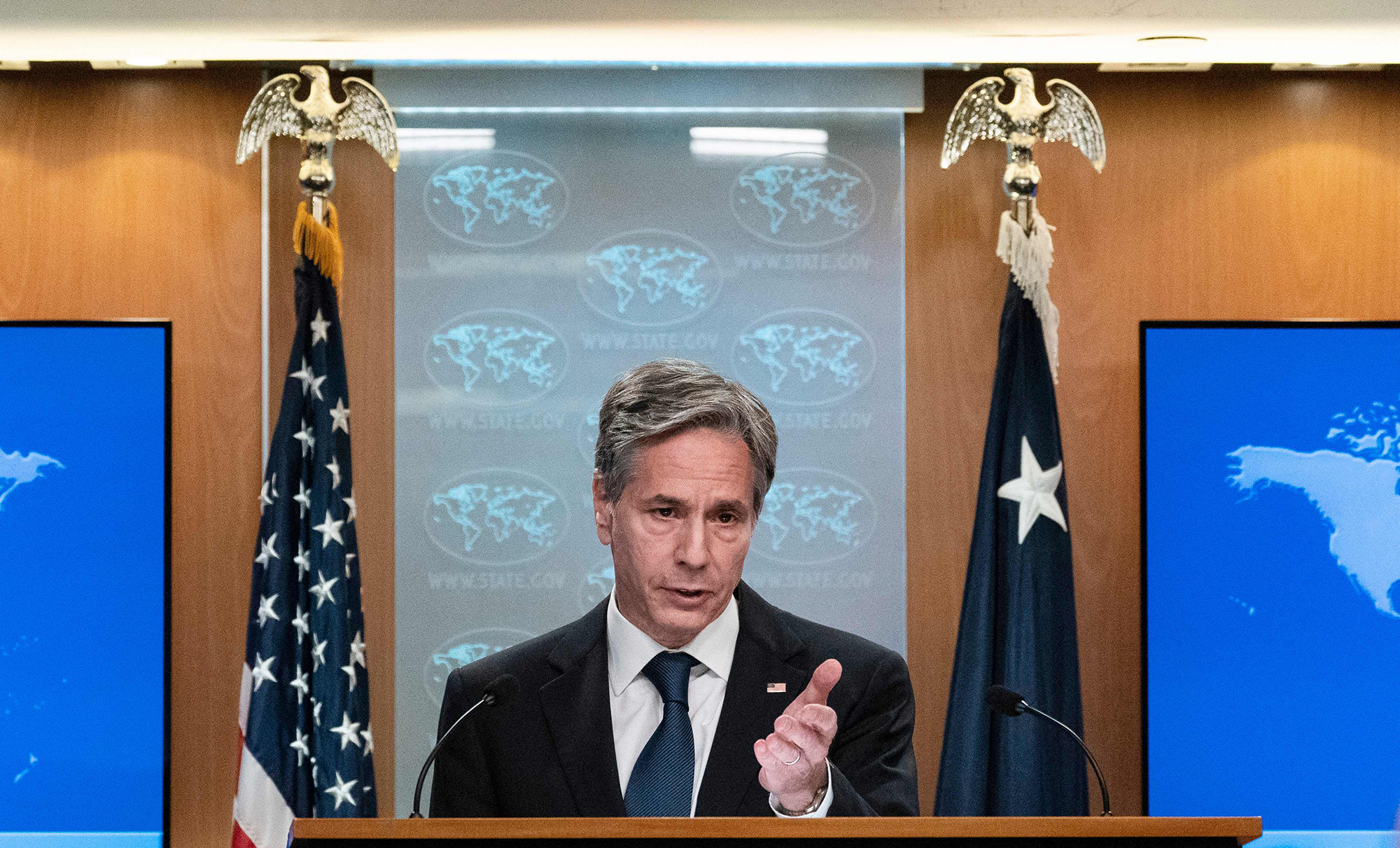 PHOTO: Secretary of State Antony Blinken speaks about Afghanistan during a media briefing at the State Department,in Washington, Aug. 25, 2021.