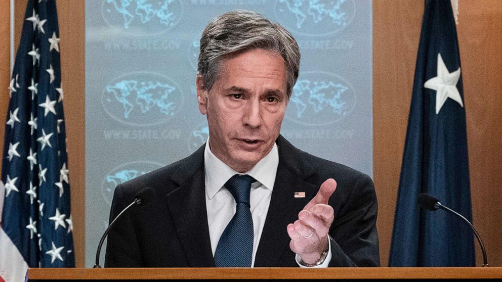 PHOTO: Secretary of State Antony Blinken speaks about Afghanistan during a media briefing at the State Department,in Washington, Aug. 25, 2021.