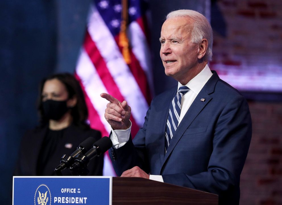 PHOTO: President-elect Joe Biden addresses the media about the Trump Administration's lawsuit to overturn the Affordable Care Act on November 10, 2020 at the Queen Theater in Wilmington, Del., Nov. 10, 2020.