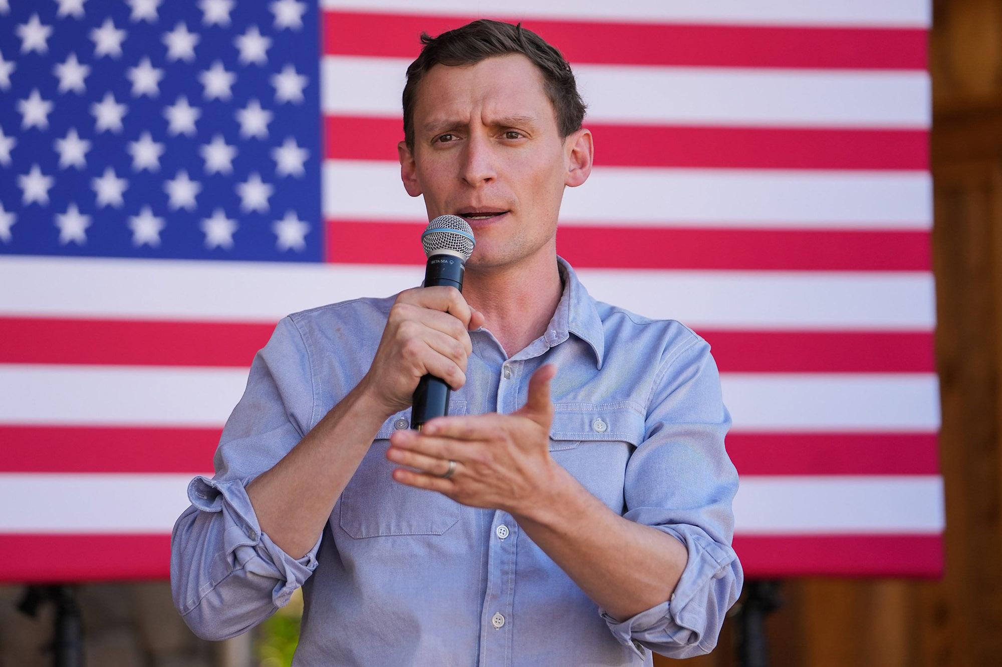 PHOTO: Blake Masters, candidate for U.S. Senate, speaks during a Take Back America rally  in Queen Creek, Ariz., Oct. 5, 2022.