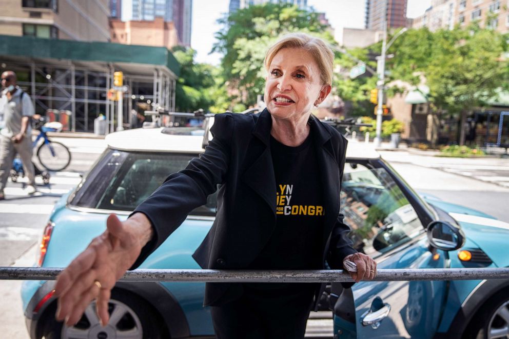 PHOTO: Rep. Carolyn Maloney, a Democratic candidate for New York's 12th Congressional District, waves to voters while campaigning on the Upper East Side of Manhattan, New York, on August 20, 2022.