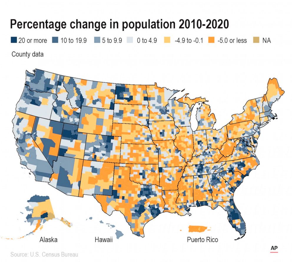 PHOTO: A county map of the United States and  Puerto Rico  shows percentage change in population  2010 to 2020.